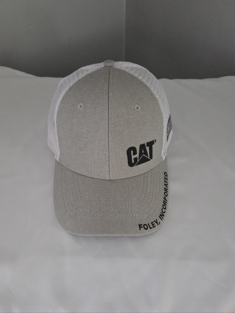 Caterpillar Beige and White Trucker Hat with CAT Logo